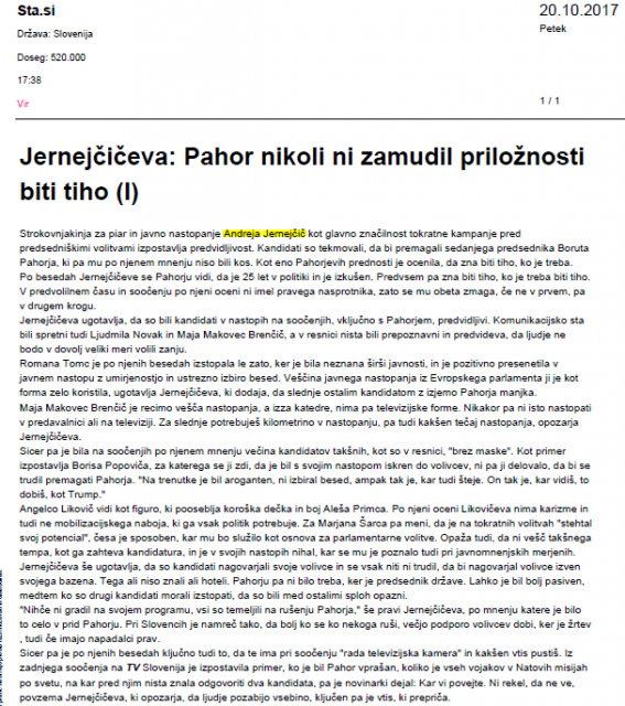 Jernejčičeva: Pahor nikoli ni zamudil priložnosti biti tiho